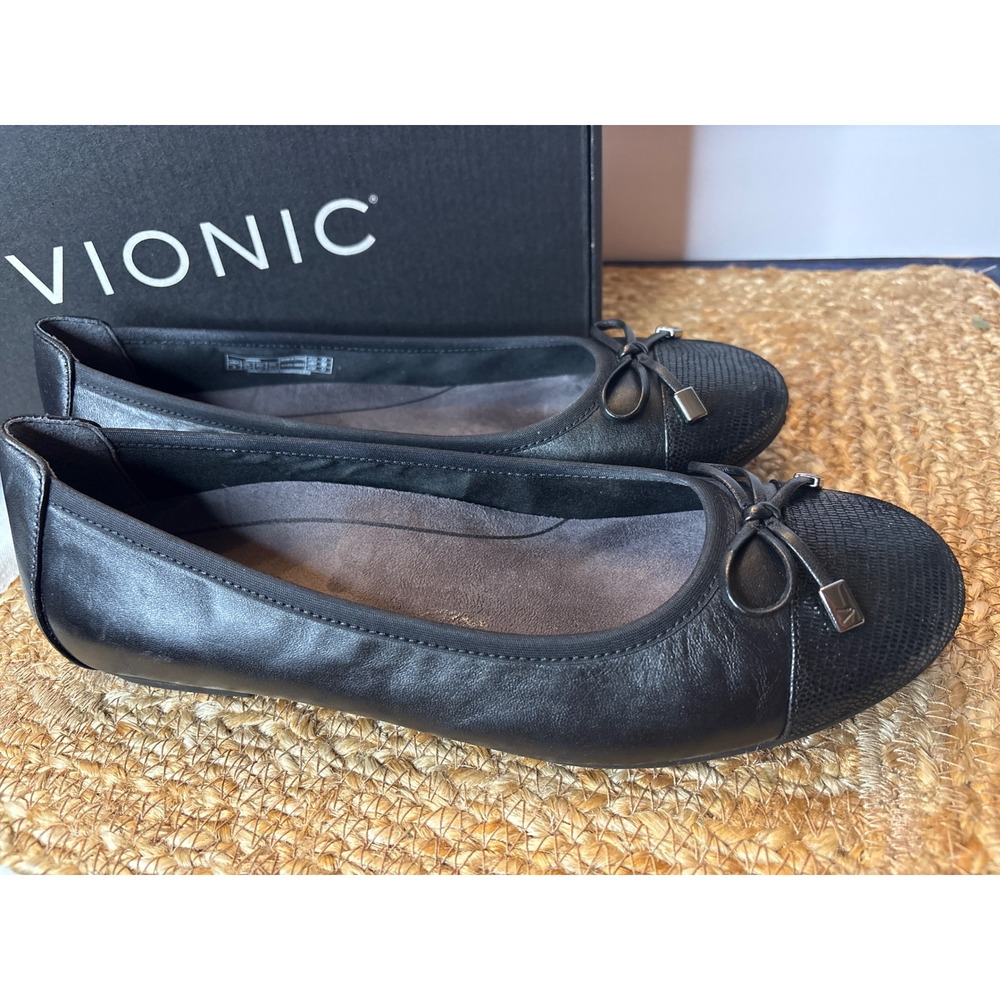 Vionic Minna Black Leather Snake Embossed Ballet Flats Bow Comfort Shoes Size 9